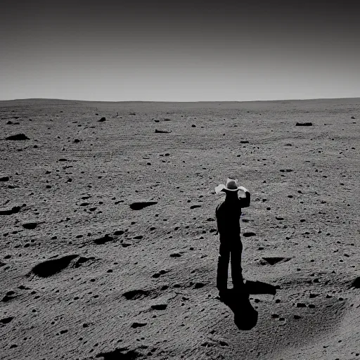 Image similar to a cowboy standing on the surface of the moon, 5 0 mm