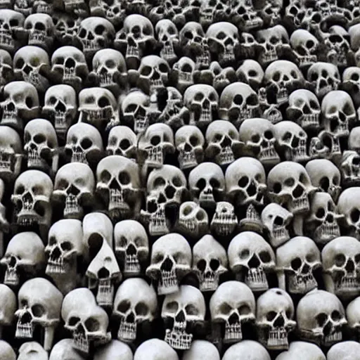 Image similar to A cathedral made out of skulls. Dream like, muted colors, dark, dreary.