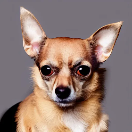 Image similar to studio photo of a hybrid chihuahua with cat head and cat face, 4k