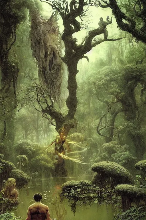 Image similar to the warrior god zeus walks in dark gardens beside a small pond, misty, stately home visible in distance through trees, greg staples, jack kirby, boris vallejo, ruan jia, lawrence alma tadema, zdzislaw beksinski, carl spitzweg, everett raymond kinstler, norman rockwell