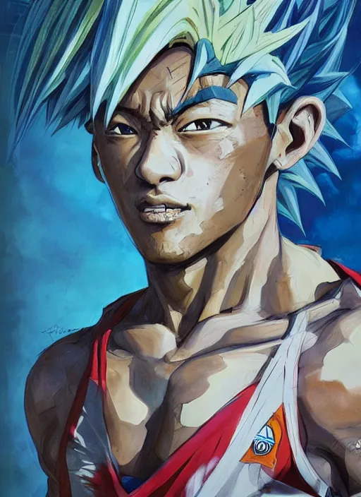 Prompt: semi reallistic gouache gesture painting, by yoshitaka amano, by ruan jia, by Conrad roset, by dofus online artists, detailed anime 3d render of neymar as goku, Neymar soccer player transformed on Super Saiyan, Neymar jr, portrait, cgsociety, artstation, rococo mechanical, Digital reality, sf5 ink style, dieselpunk atmosphere, gesture drawn