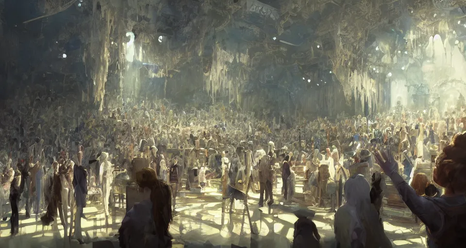 Prompt: craig mullins and ghibli digital art of inside the grand theater, audience, on the stage, masked female violinists, exotic costumes, gold jewelry, black hair, solo performance unreal engine, hyper realism, realistic shading, cinematic composition, realistic render, octane render, detailed textures, photorealistic, wide shot