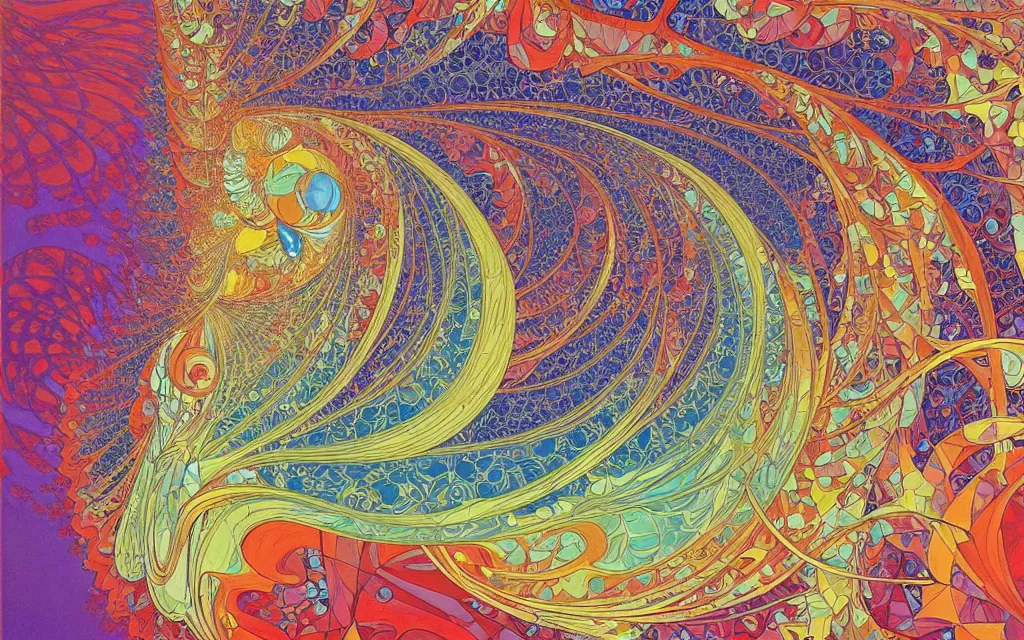 Prompt: an oil painting. wave, particle, synth, frequencies, pattern, oscillation. wave-particle duality. colorful, vibrant. fractal gems, fractal crystals, by alphonse mucha, by jean giraud and by james jean