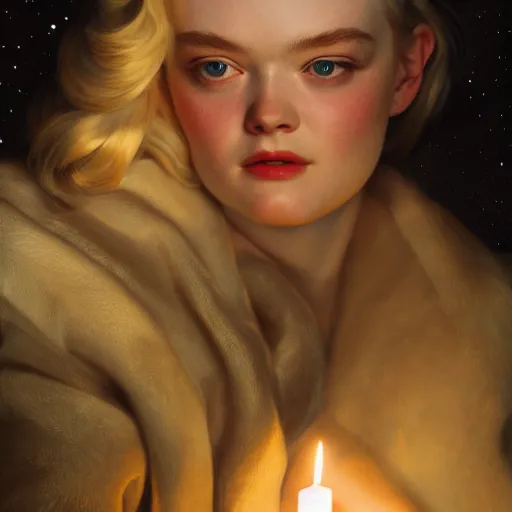 Prompt: leyendecker and peter paul rubens, head and shoulders portrait of a elle fanning, nighttime, dark starry sky, candlelit, unreal engine, fantasy art by global illumination, radiant light, detailed and intricate environment