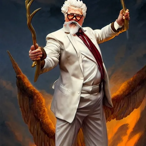 Prompt: a full body portrait of colonel sanders the greek god!! in hell!!! fighting rednecks!!! extremely beautiful, anatomically accurate, by artgerm and by greg rutkowski and by alphonse mucha and by simon bisley, radiant light, detailed and intricate environment,