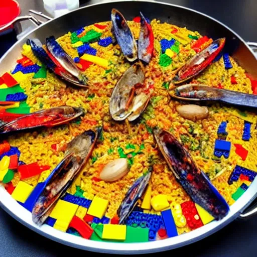 Image similar to a paella made with lego pieces.