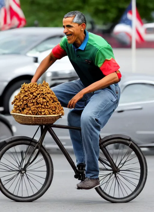 Image similar to Barak Obama riding a bike made of cornflakes with wheels made of watermelons