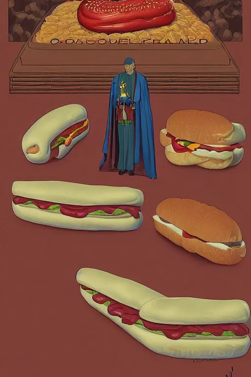 Image similar to an original jean giraud digital art painting of a religious decree prohibiting the consumption of hot dog buns