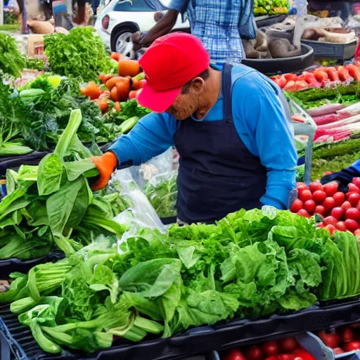 Image similar to mario selling vegetables on a farmer's market, morning