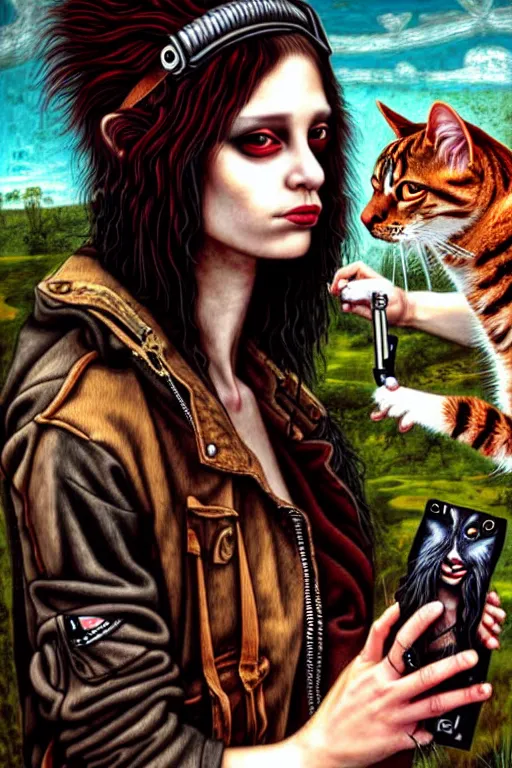 Image similar to punk rock girls making selfie and smoking with cats in jungle , mad max jacket, post apocalyptic, renaissance, highly detailed, digital painting, oil painting by Leonardo Da Vinci, hyper realistic style, fantasy by Olga Fedorova