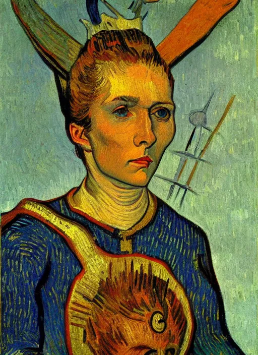 Prompt: !! portrait of joan d'arc!! by van gogh, detailed expressionist oil painting masterpiece with detailed face, 8 k resolution, smooth, sharp focus