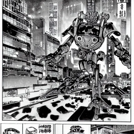 Image similar to huge frog robot devastating the city, by yoichi hatakenaka, masamune shirow