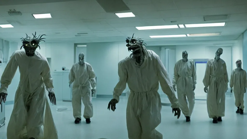 Image similar to monsters invade the hospital, film still from the movie directed by denis villeneuve and david cronenberg with art direction by salvador dali, wide lens