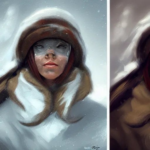 Image similar to snow bandit from ‘ icewind dale ’, ‘ icewind dale 2 ’ profile portrait by ‘ justin sweet ’, falling snow, soft focus, illustration, oil paint, artstation