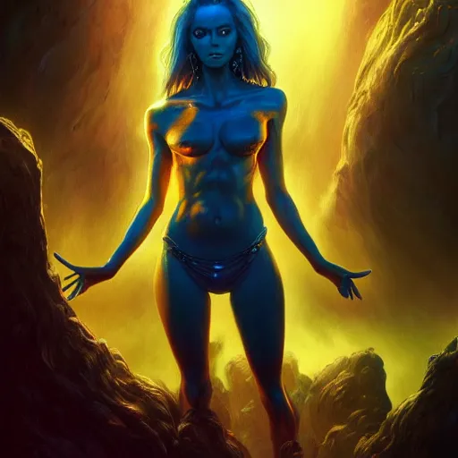 Image similar to Photorealistic demon goddess in the style of Michael Whelan and Greg Rutkowski. Hyperdetailed photorealism, 108 megapixels, amazing depth, glowing rich colors, powerful imagery, psychedelic Overtones, 3D finalrender, 3d shading, cinematic lighting, artstation concept art