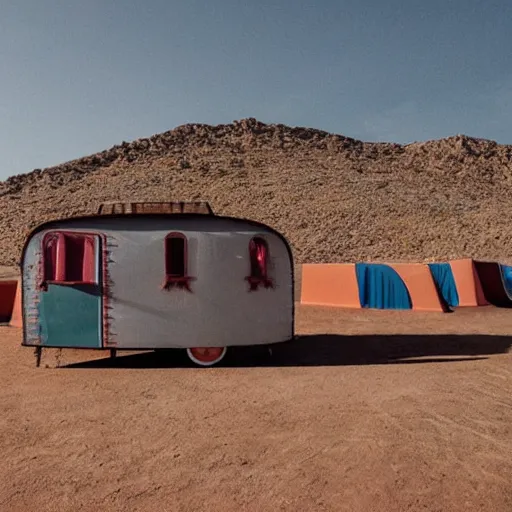 Image similar to a scenography of an old circus caravan in the middle of a desert.