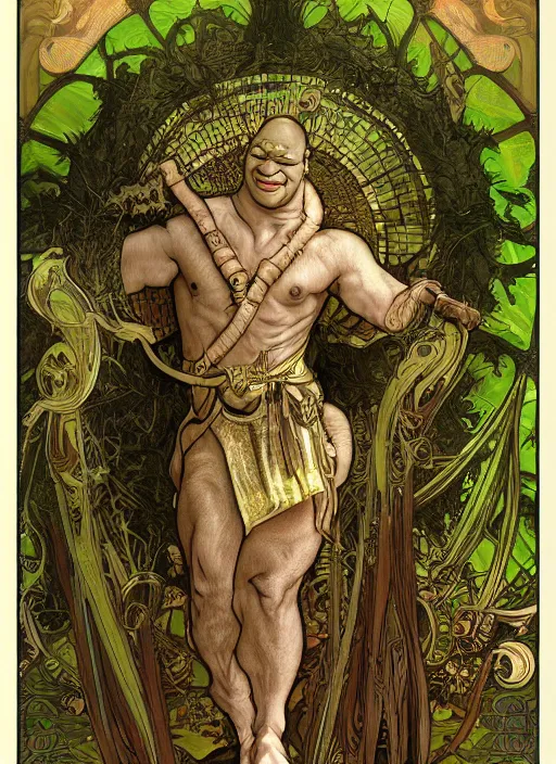 Image similar to Shrek as God of Swamp, brutal, epic, intricate, elegant, highly detailed, digital painting, 4k, HDR, concept art, smooth, sharp focus, illustration, art by alphonse mucha,artgerm, H R Giger