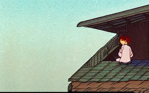 Prompt: a girl sitting on the roof of a building eating a sandwich, zoomed out, art by hayao miyazaki, studio ghibli film,