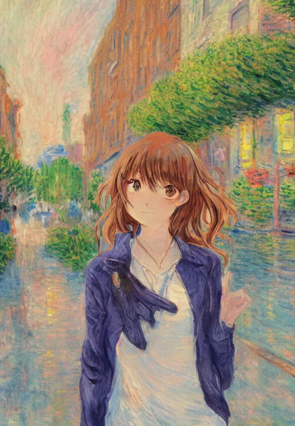 Prompt: wide angle portrait of a teenage girl, a thrifty outfit, very anime in impressionist style, city street view background, starlit night sky, trending artwork, anime painter studio, by claude monet