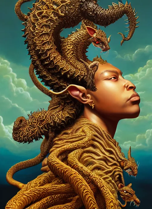 Image similar to : chimera fantasy, fantasy magic,  , intricate, sharp focus, illustration, highly detailed, digital painting, concept art, jahbu art and Paul lewin and kehinde wiley, masterpiece