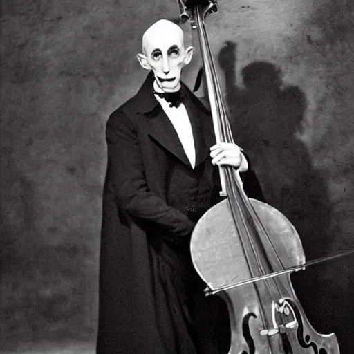 Prompt: vintage photograph of count orlok outside his castle, playing double bass, castle in the background, 4 k