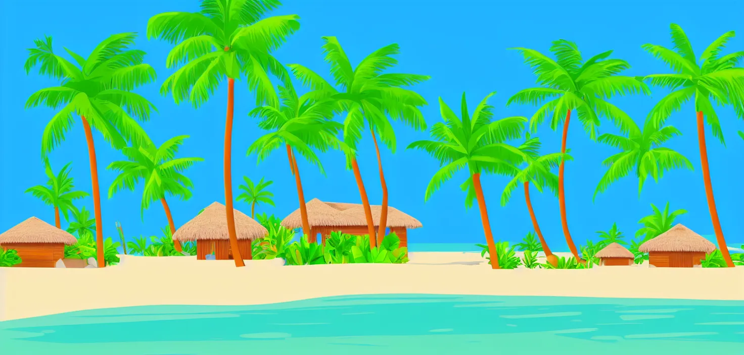 Image similar to modern bungalows on island resort beach, tropical summer landscape with houses on piles with terrace, palm trees, vector art, flat art