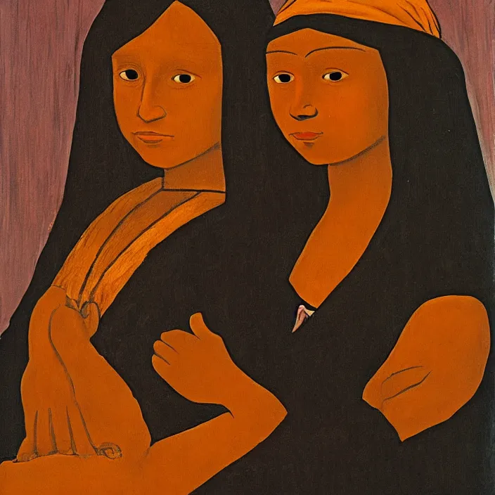 Image similar to an Afro American girl as Mona Lisa by Jacob Lawrence