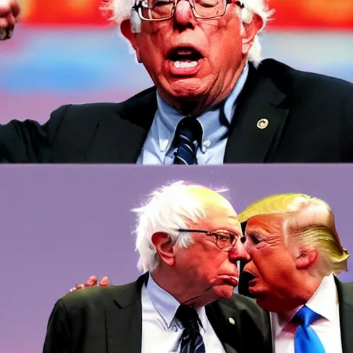 Prompt: A detailed picture of Bernie Sanders punching Donald Trump in the face on the side of a mountain