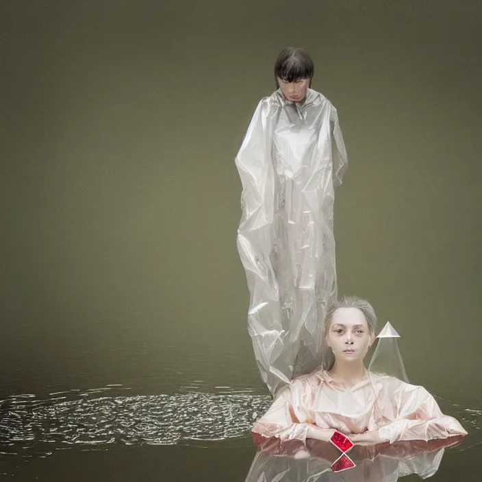 Prompt: a closeup portrait of a woman wrapped in plastic, standing next to a levitating ruby triangle, in a foggy pond, color photograph, by vincent desiderio, canon eos c 3 0 0, ƒ 1. 8, 3 5 mm, 8 k, medium - format print