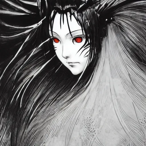 Image similar to yoshitaka amano realistic illustration of an anime girl with black eyes, wavy white hair fluttering in the wind and cracks on her face wearing elden ring armor with engraving, abstract black and white patterns on the background, noisy film grain effect, highly detailed, renaissance oil painting, weird portrait angle, three quarter view, head turned to the side