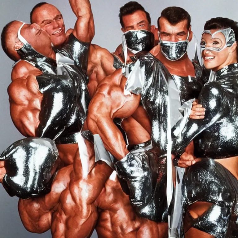 Image similar to 1990's sears portrait photos, an incredibly extremely muscular bodybuilder man and woman wearing shiny reflective full-body latex suits and masks
