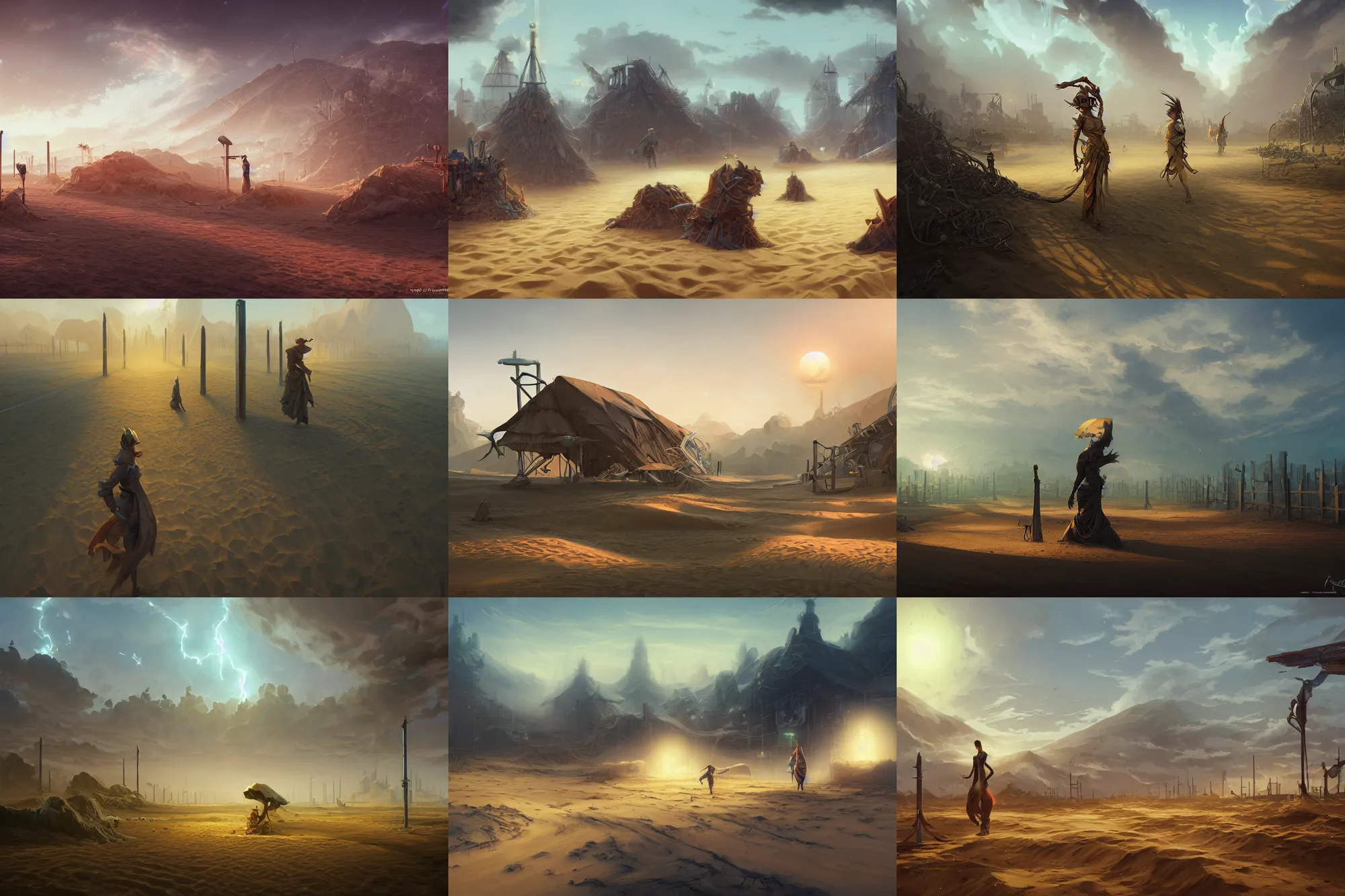 Prompt: farm of sand, steel posts on ground, by peter mohrbacher, john avon, dan mumford, craig mullins nekro, volumettic light, cgsociety, pixiv, 3 d render