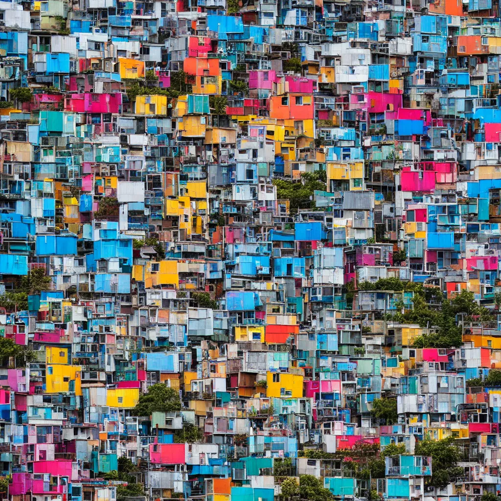 Prompt: a vertical building made up of various colourful makeshift squatter shacks, sony a 7 r 3, f 1 1, fully frontal view, photographed by jeanette hagglund, ultra detailed,