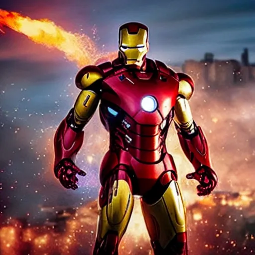 Image similar to < photo hd stunning reimagined mood = gritty gaze = camera > iron man poses with a flamethrower as a city burns in the background < / photo >