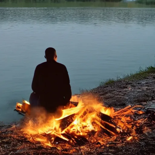 Prompt: a man sits by a lake, throwing pieces of his life into a bonfire. a great shapeless thing of darkness is drawn across the water to the light.