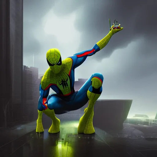 Image similar to moody atmospheric render of a cyborg spiderman with a chartreuse and teal color scheme by leon tukker