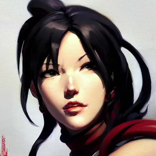 Image similar to Greg Manchess portrait painting o Tifa Lockheart as Overwatch character, medium shot, asymmetrical, profile picture, Organic Painting, sunny day, Matte Painting, bold shapes, hard edges, street art, trending on artstation, by Huang Guangjian and Gil Elvgren and Sachin Teng