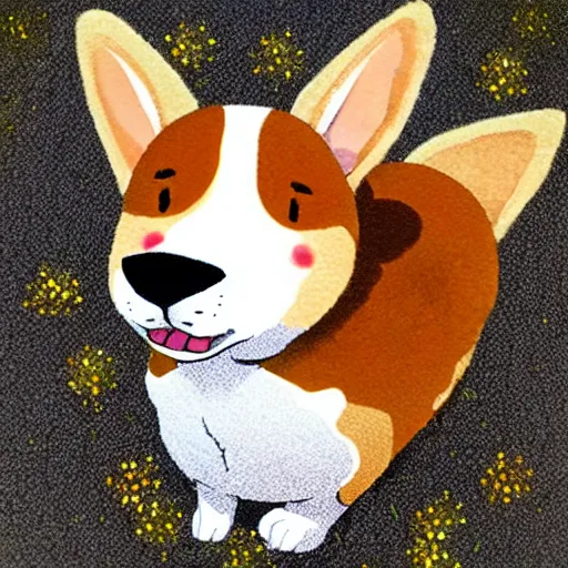 Image similar to anime corgi, sparkling petals, cute, happy