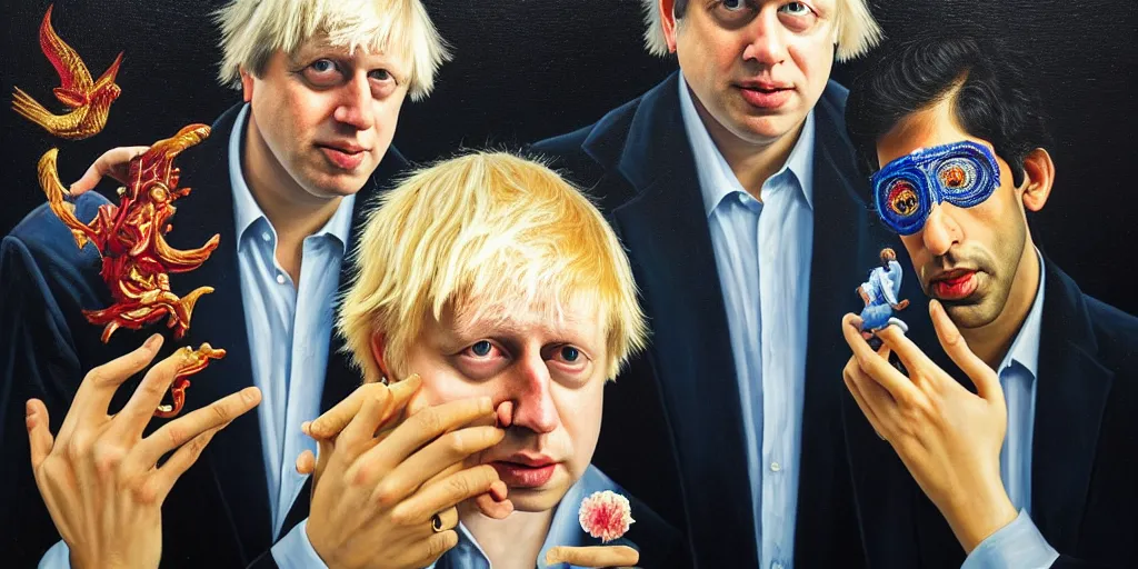 Image similar to rishi sunak and boris johnson in heaven, abstract oil painting by gottfried helnwein pablo amaringo raqib shaw zeiss lens sharp focus high contrast chiaroscuro gold complex intricate bejeweled