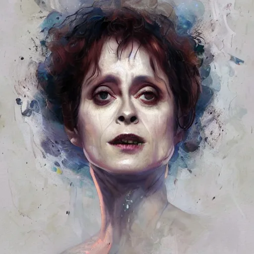 Prompt: impressionist oil painting, alien dark fae girlboss based on helena bonham carter mixed with sigourney weaver, bumpy mottled skin, big black feathered wings instead of arms, body horror, by yoshitaka amano, by greg rutkowski, by jeremy tv lipkinng, by artgerm, digital art, octane render