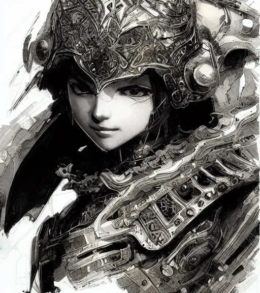 Prompt: portrait of anime woman in armor, pen and ink, intricate line drawings, by craig mullins, ruan jia, kentaro miura, greg rutkowski, loundraw