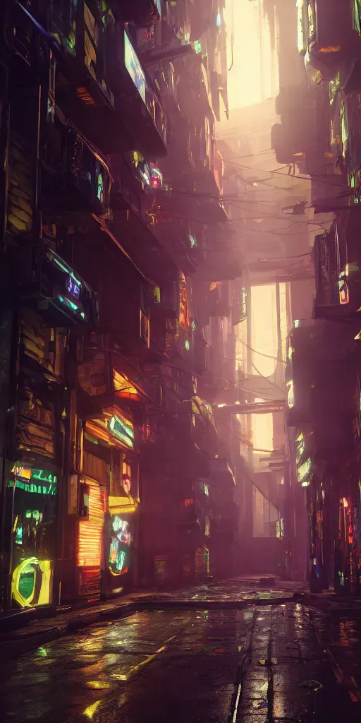 Prompt: cyberpunk alley by albert bierstadt, 8 k, raytracing, unreal engine 5,