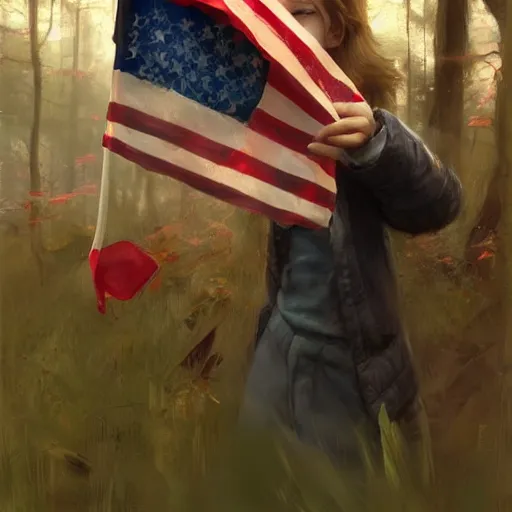 Prompt: child's hand holding a very tiny american flag in the forest, digital art by ruan jia and mandy jurgens and artgerm, highly detailed, trending on artstation, award winning