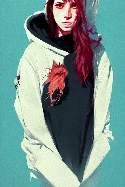 Image similar to a ultradetailed portrait painting of a stylish woman in a oversized hoodie, she has a wolfcut, by conrad roset, greg rutkowski and makoto shinkai trending on artstation