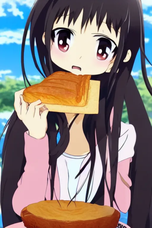 Image similar to a cute anime girl eating bread