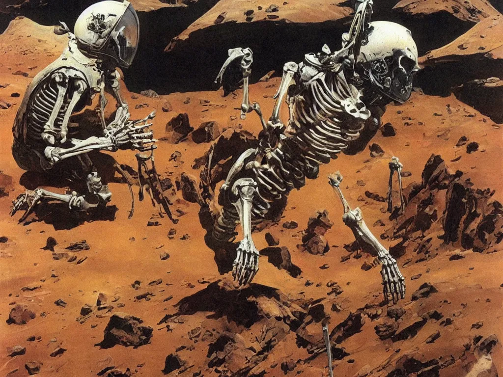 Prompt: a skeleton in spacesuit and broken helmet, Mars landscape in the background, by Frank Frazetta