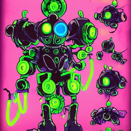 Prompt: official character sheets for a new vampire squid casual mech suit, art by tim schafer black velvetopia art for psychonauts from double fine studios, black light rave, bright neon colors, spray paint, punk, tall thin build, adult character, fully clothed, colorful