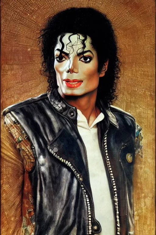 Image similar to a closer personal portrait of michael jackson with very piercing eyes, very charismatic. in the old ancient egypt. masterpiece, dark. painted by norman rockwell and james gurney