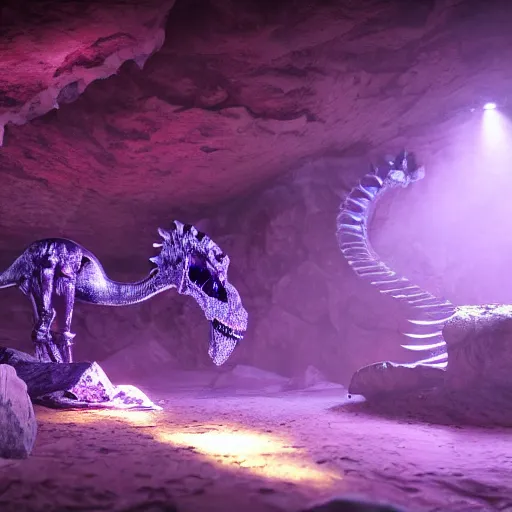 Prompt: full shot of a cave covered in shiny crystals with a dinosaur skeleton on the floor, detailed, unreal engine 4k volumetric light, fog, purple color palette