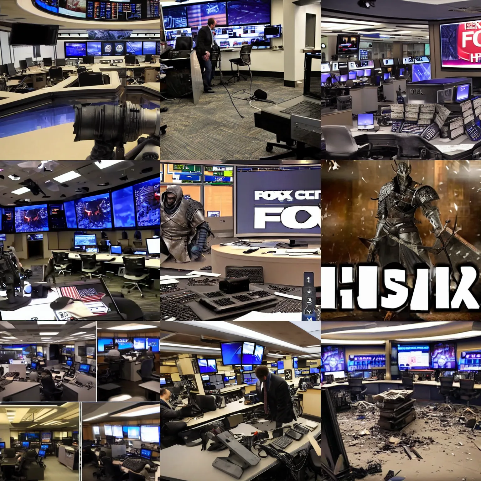 Prompt: Inside Fox News headquarters in Manhattan, The Pursuer from Dark Souls 2 smashes desks and destroys sound sets, high quality realistic live camera footage